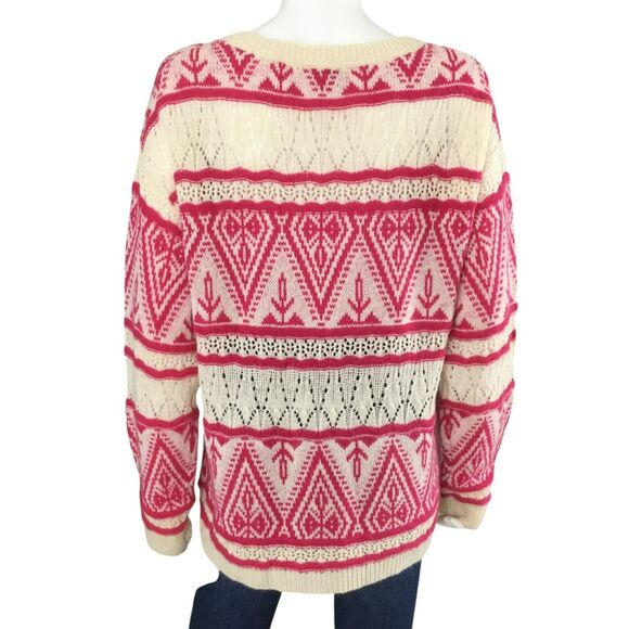 Sundance Brixen Fair Isle V-Neck Sweater Size M Wool Blend Pointelle Pink White - Picture 6 of 16